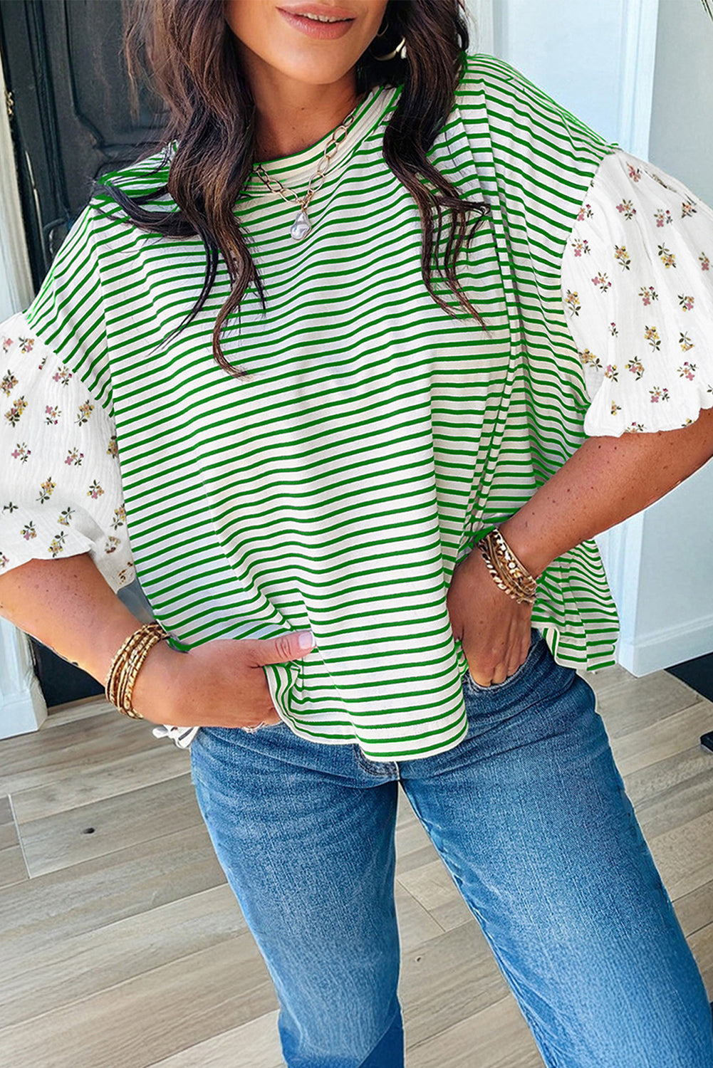 Red Stripe Floral Puff Sleeve Patchwork Round Neck Top