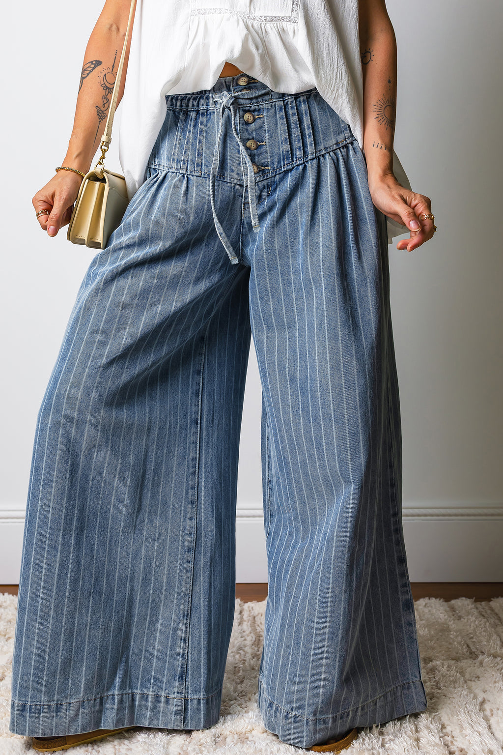 Pleated Drawstring Wide Leg Jeans