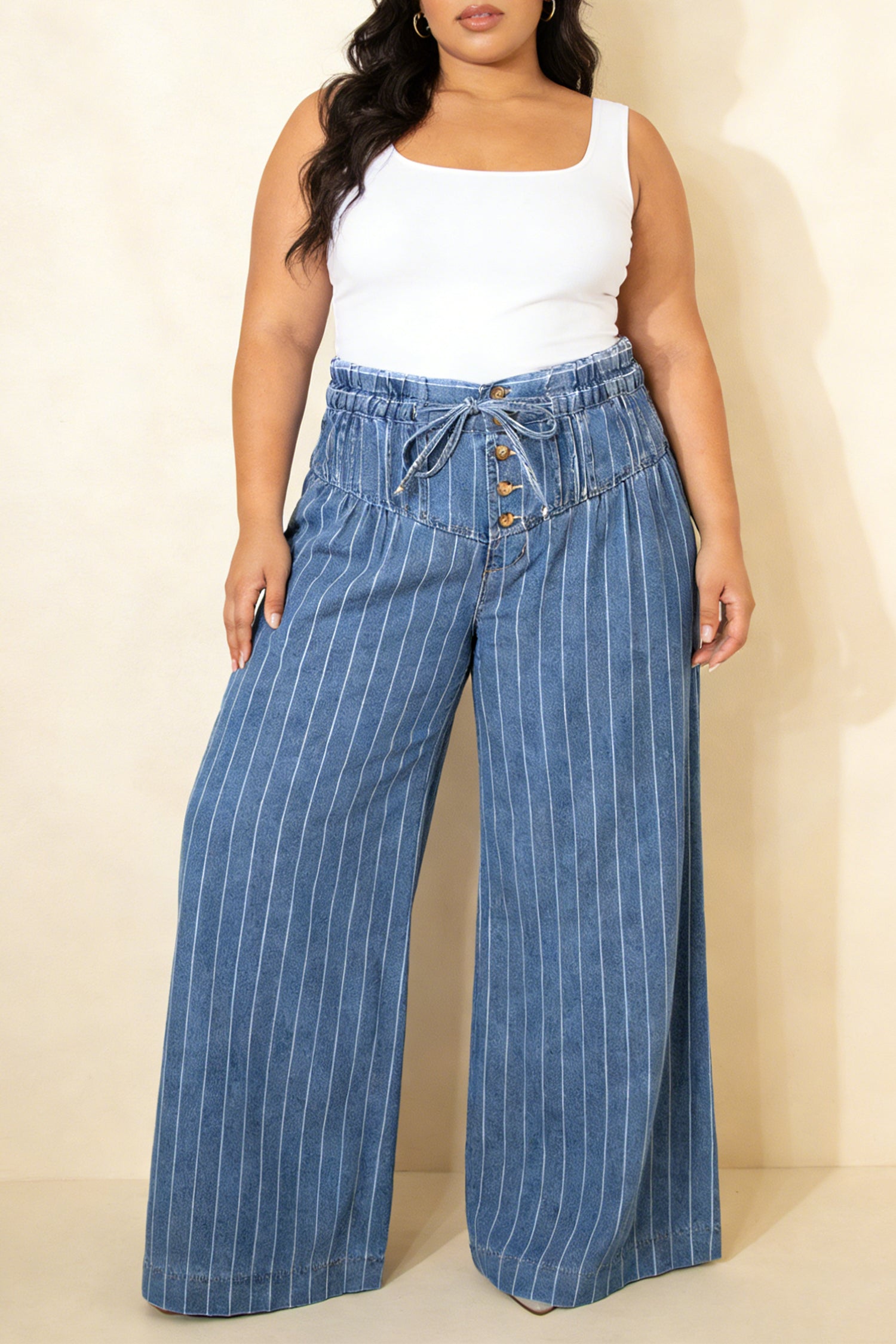 Sky Blue Stripe Plus Size Buttoned Wide Leg Denim Pants