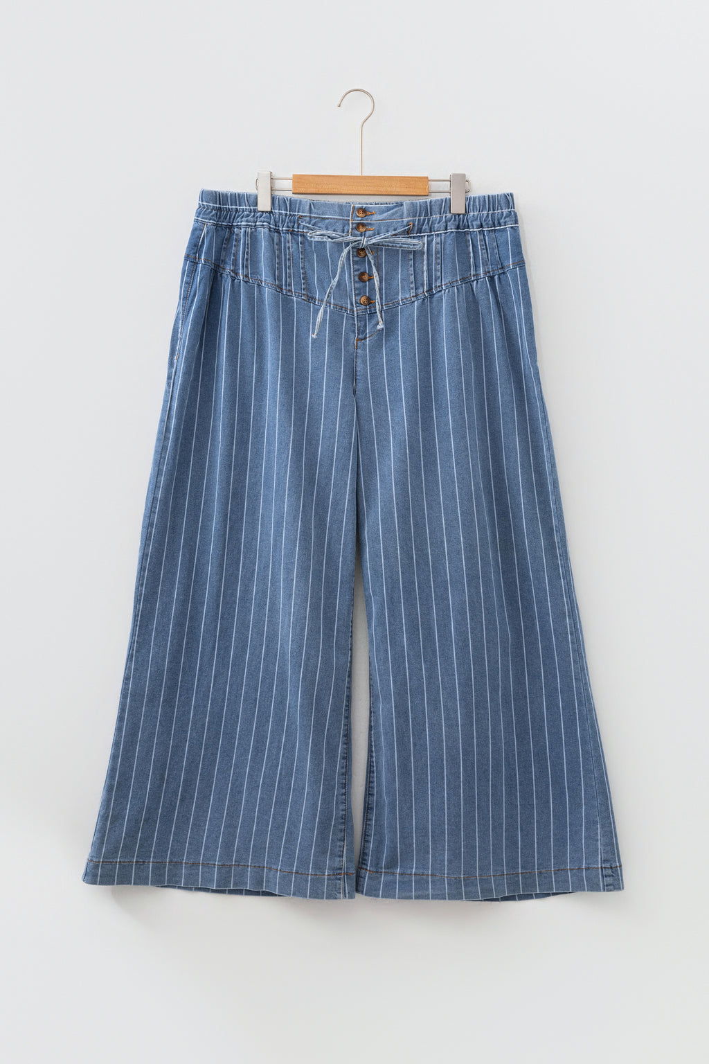Sky Blue Stripe Plus Size Buttoned Wide Leg Denim Pants