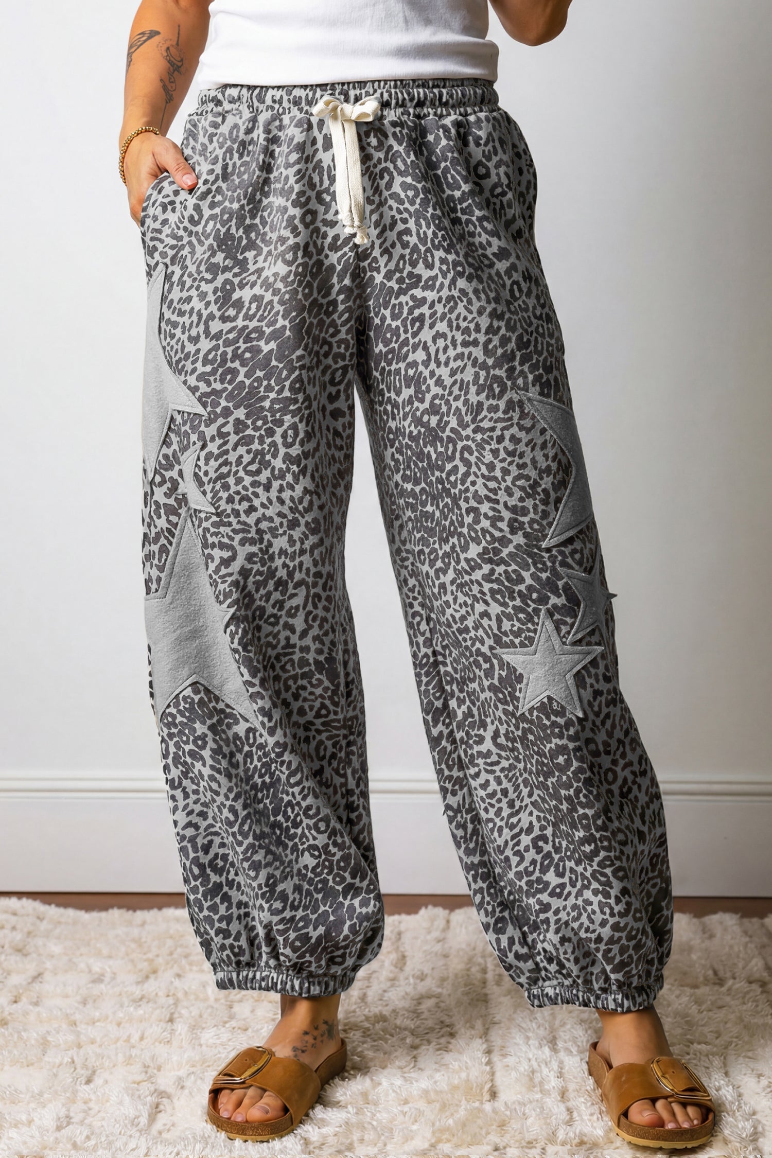 Khaki Leopard Print Star Patched Joggers