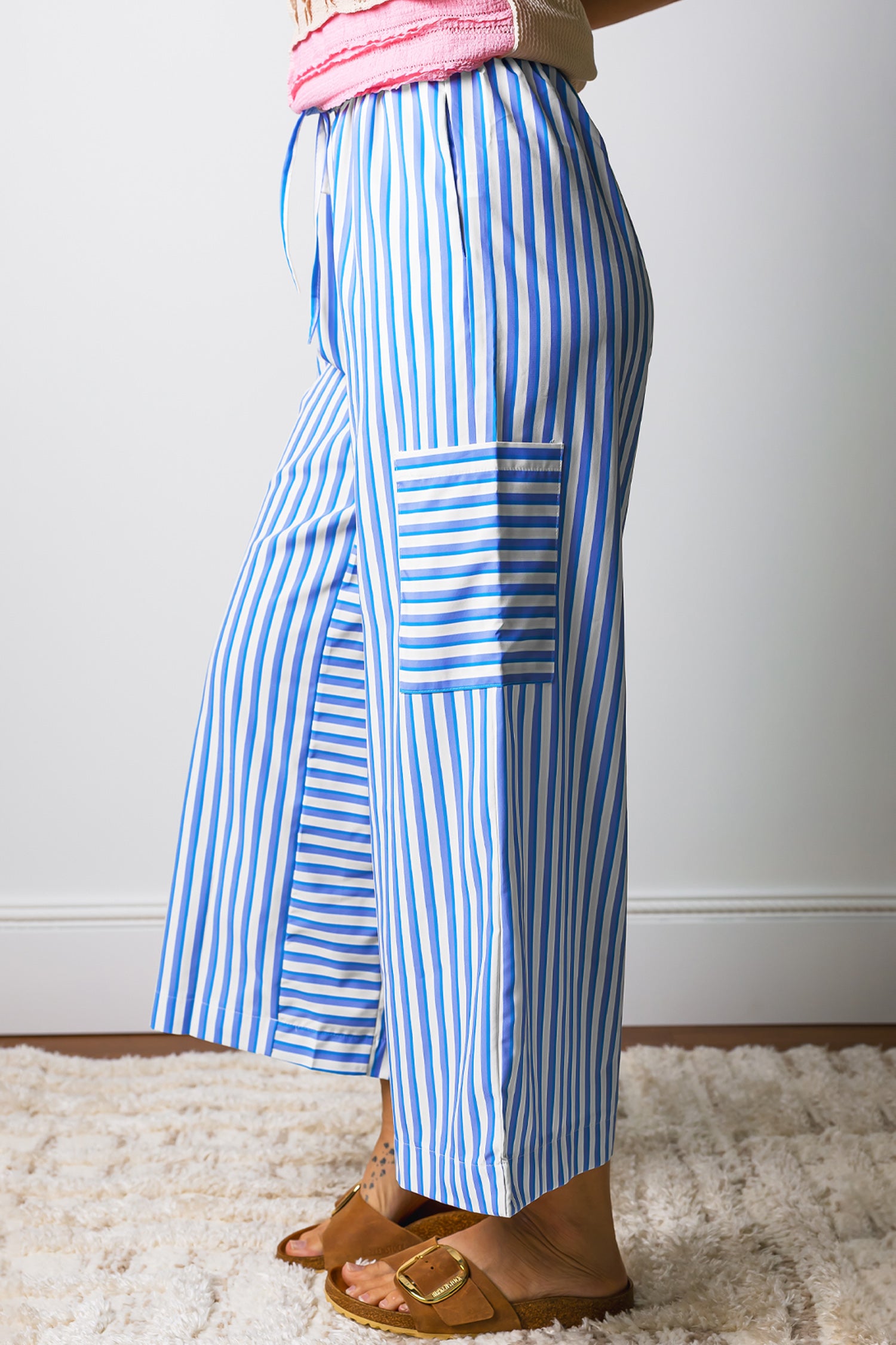 Sky Blue Stripe Drawstring Patch Pocket Pants