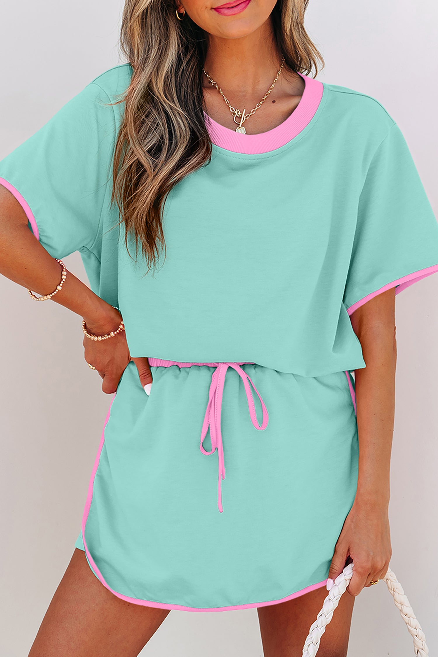 Colorblock Drop Shoulder T Shirt and Skort Set