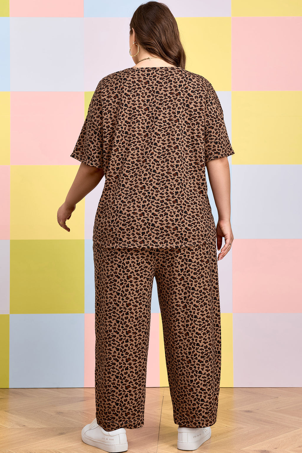 Plus Size Leopard Loose Top Pleated Pants Set