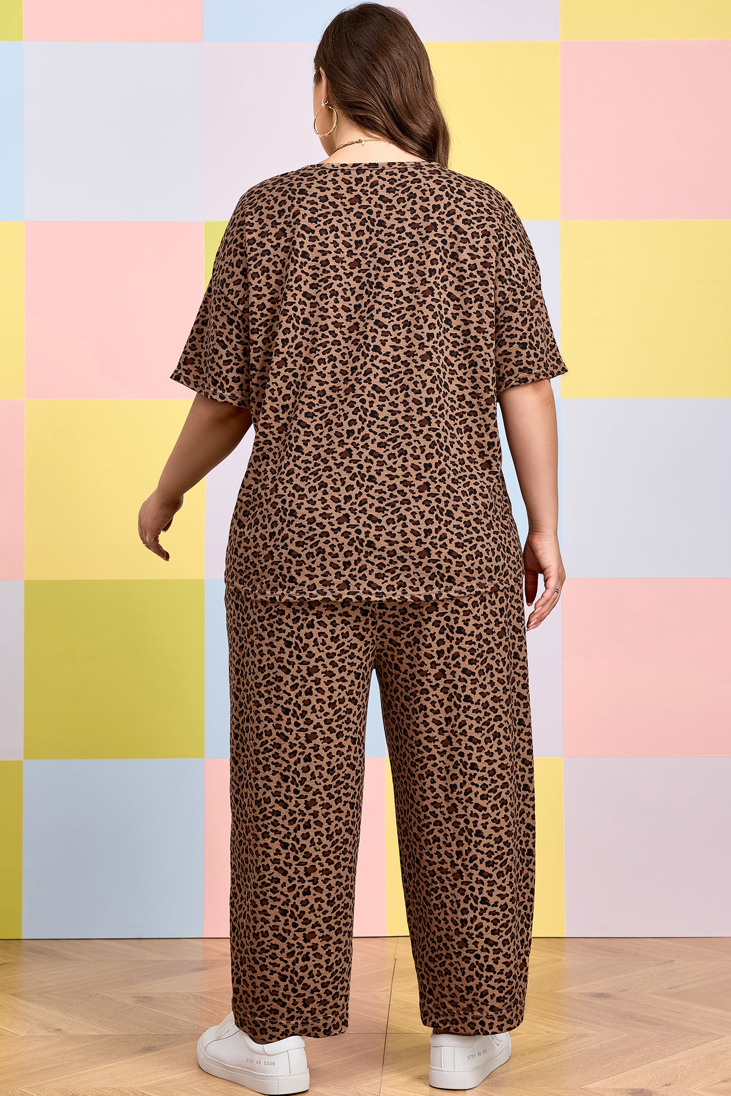 Plus Size Leopard Loose Top Pleated Pants Set