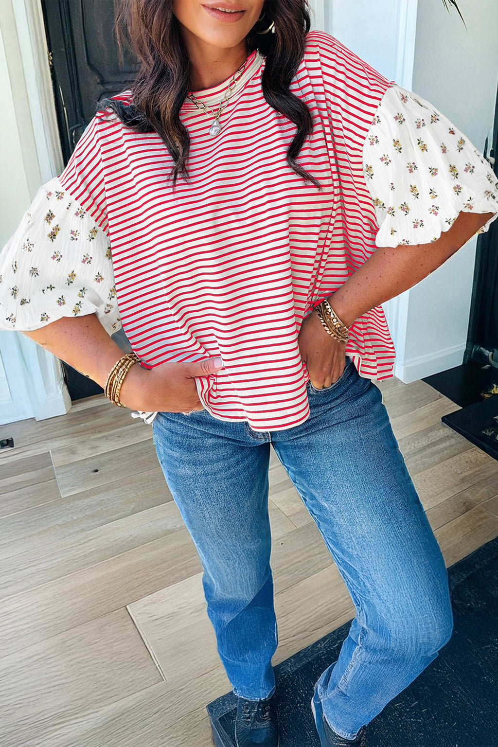 Red Stripe Floral Puff Sleeve Patchwork Round Neck Top