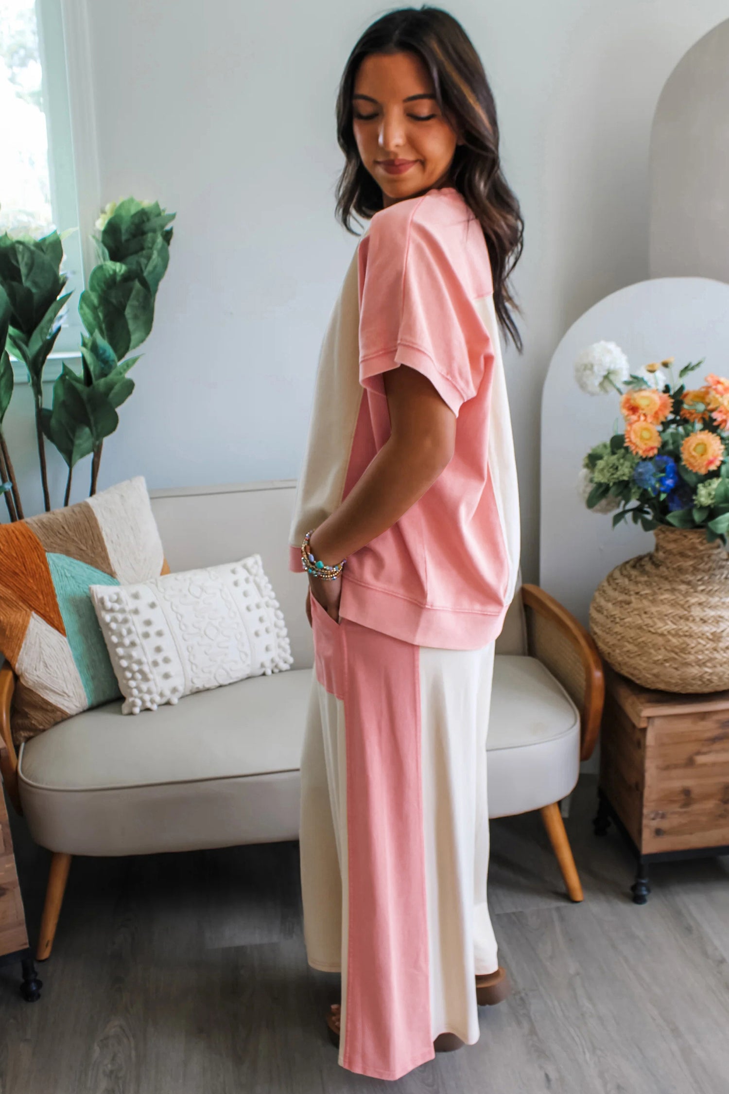 White Two-tone Color Block Patchwork Tee Pant Set