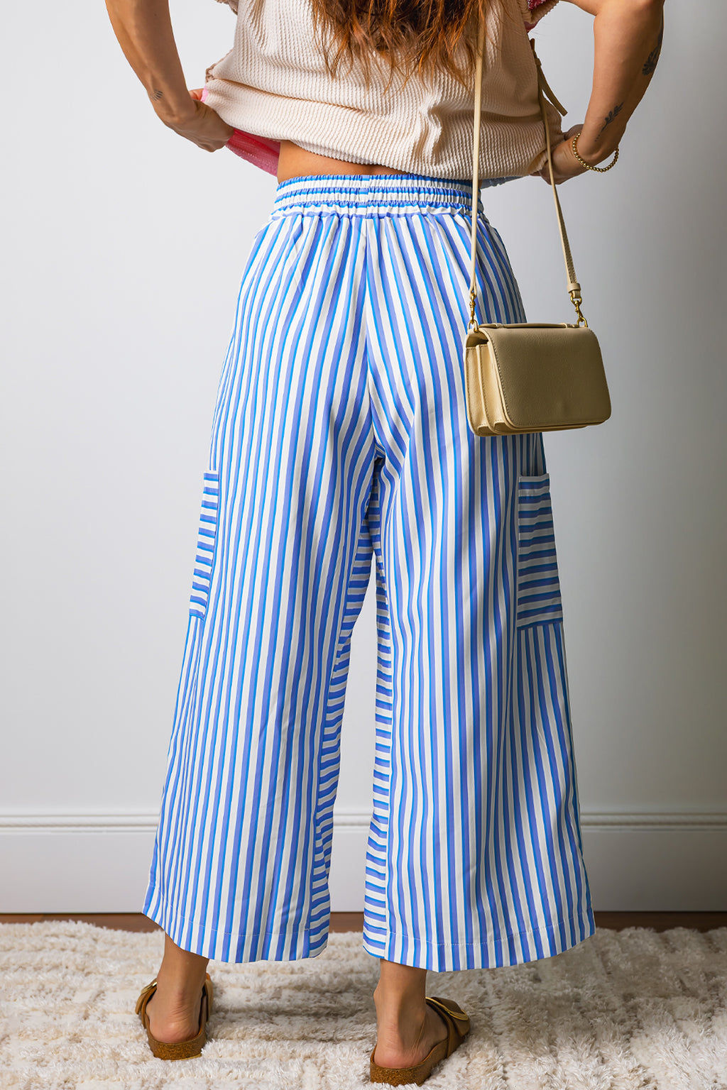 Sky Blue Stripe Drawstring Patch Pocket Pants