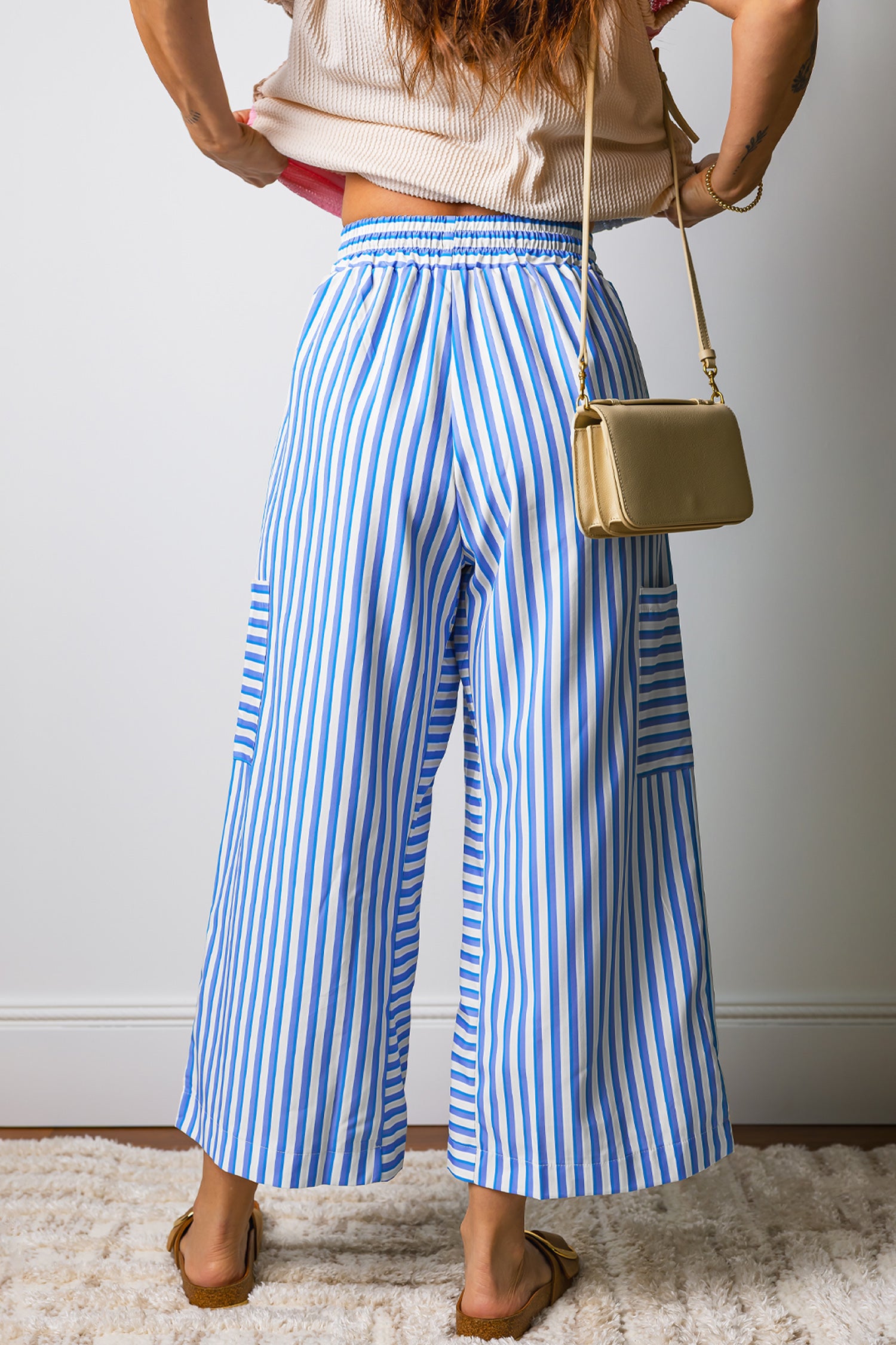 Sky Blue Stripe Drawstring Patch Pocket Pants