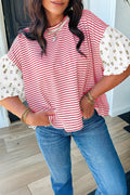 Red Stripe Floral Puff Sleeve Patchwork Round Neck Top