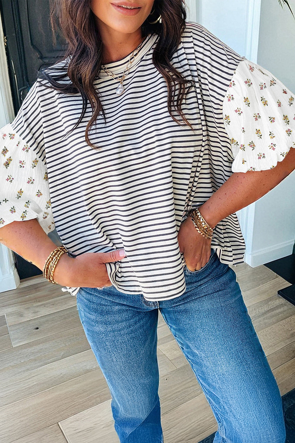 Red Stripe Floral Puff Sleeve Patchwork Round Neck Top