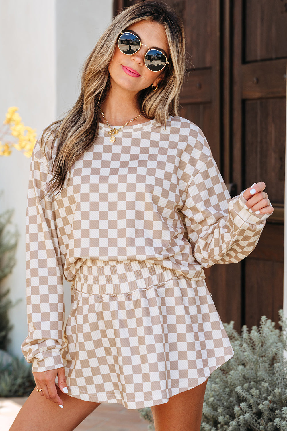 Khaki Checkered Long Sleeve Crop Top High Waist Skort Set