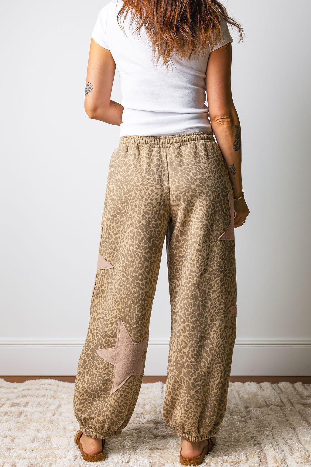 Khaki Leopard Print Star Patched Joggers