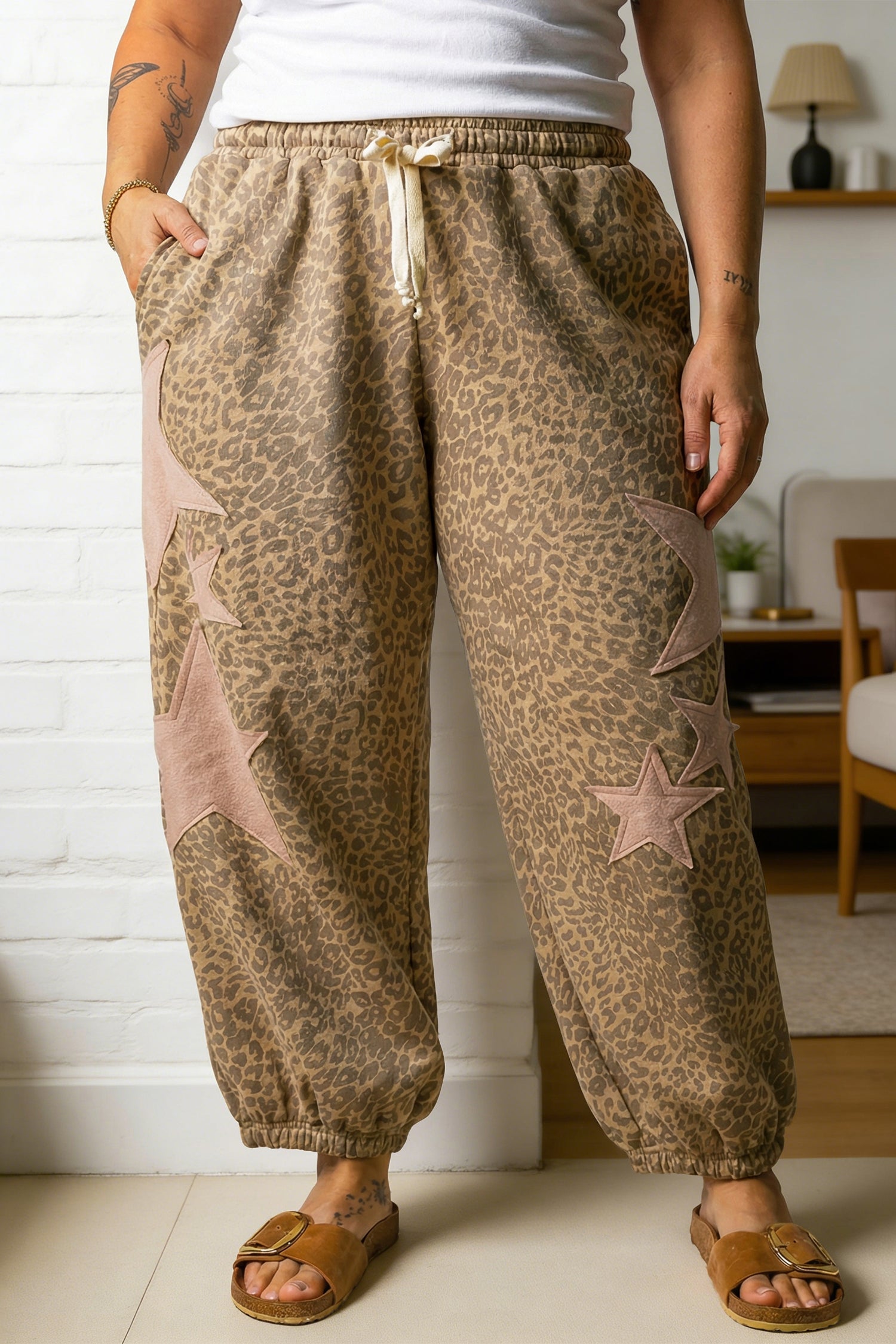 Khaki Plus Size Leopard Print Patched Jogger