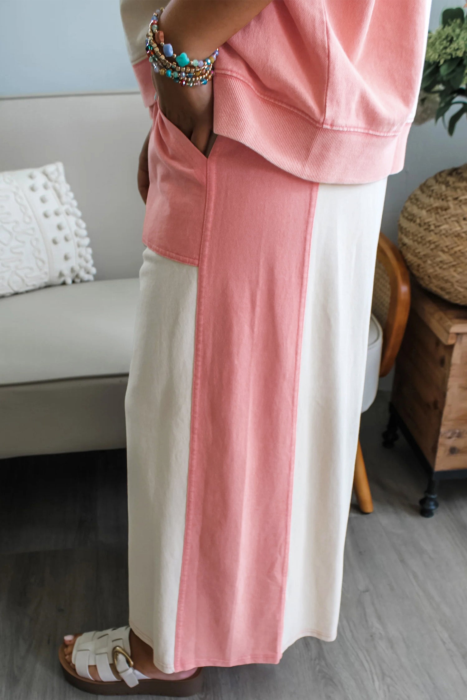 White Two-tone Color Block Patchwork Tee Pant Set