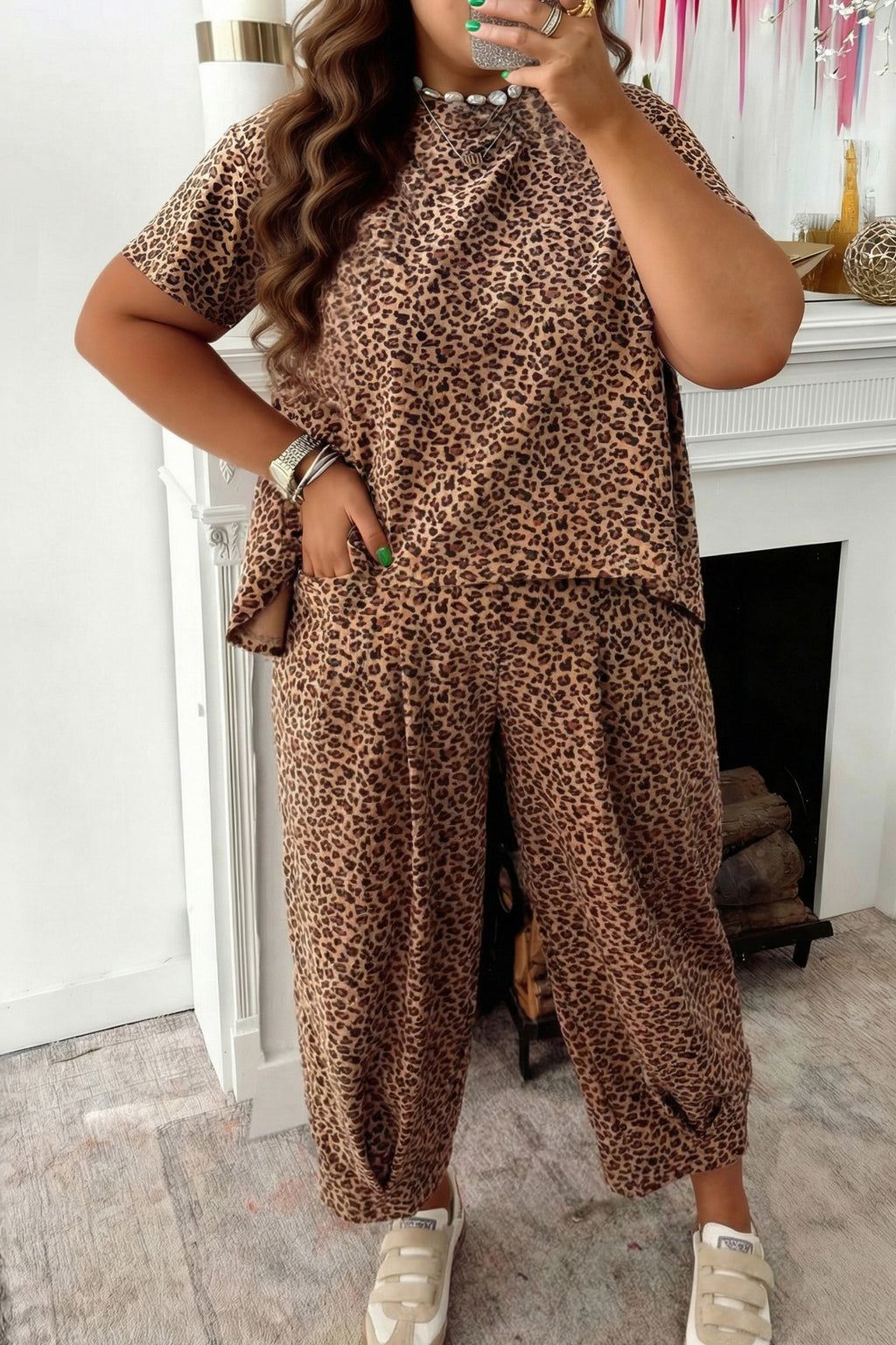 Plus Size Leopard Loose Top Pleated Pants Set
