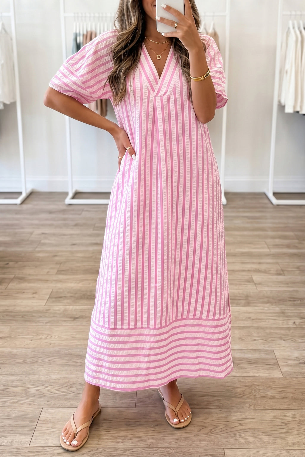 Pink Stripe V Neck Shift Dress