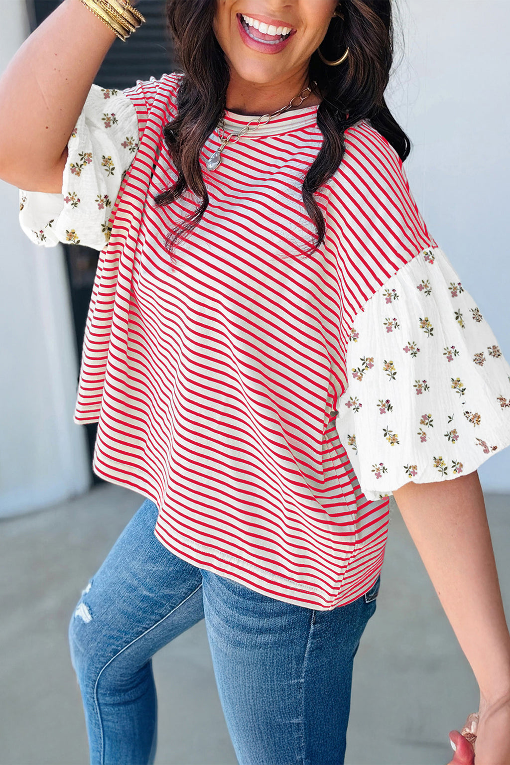 Red Stripe Floral Puff Sleeve Patchwork Round Neck Top