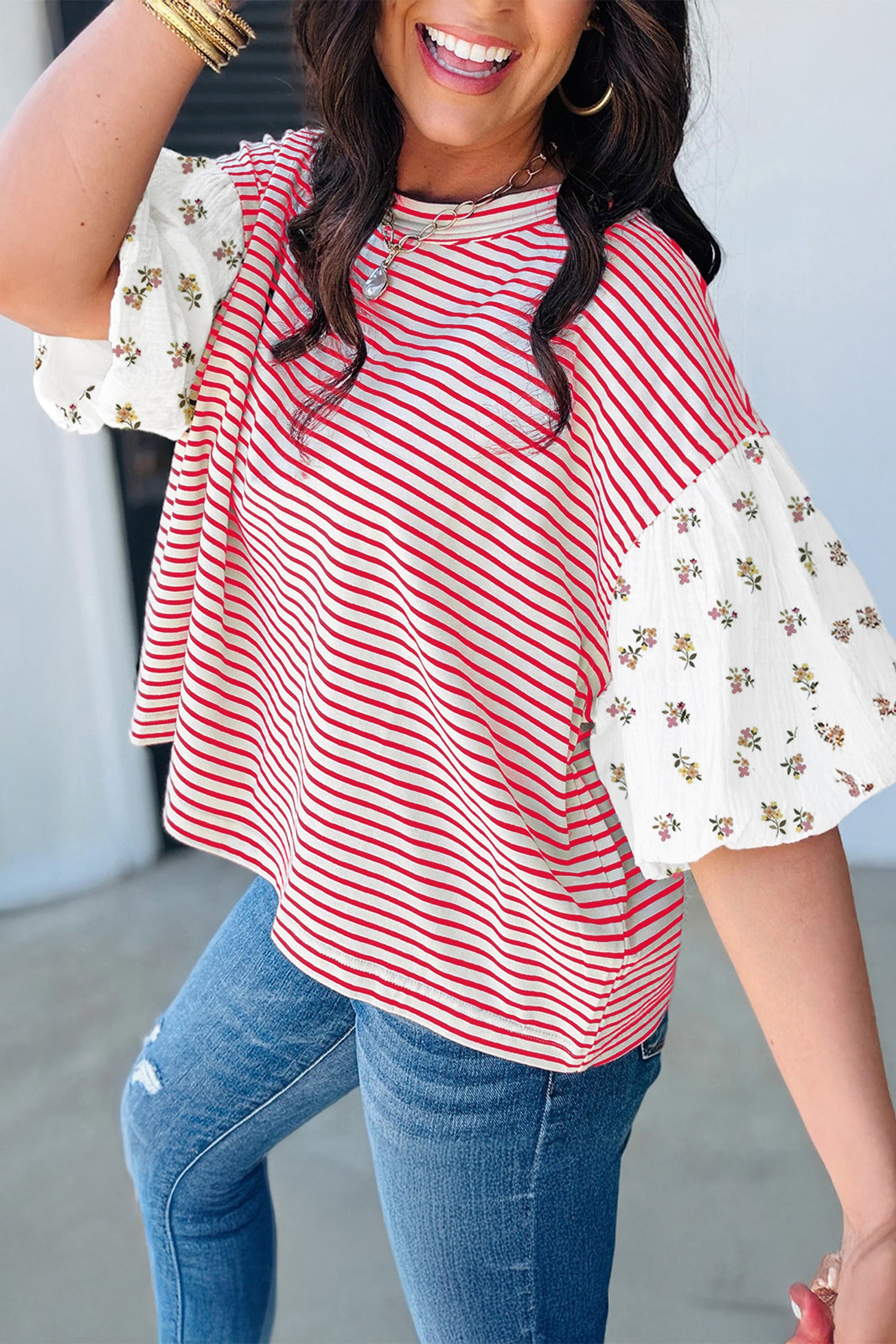 Red Stripe Floral Puff Sleeve Patchwork Round Neck Top