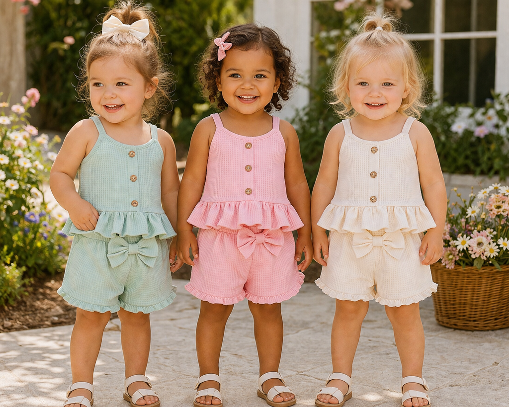 Children's Waffle Knit Tank Top and Bow Shorts Set