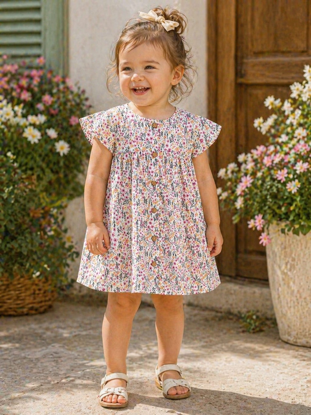 Children's Floral Print Button-Front Ruffle Sleeve Dress
