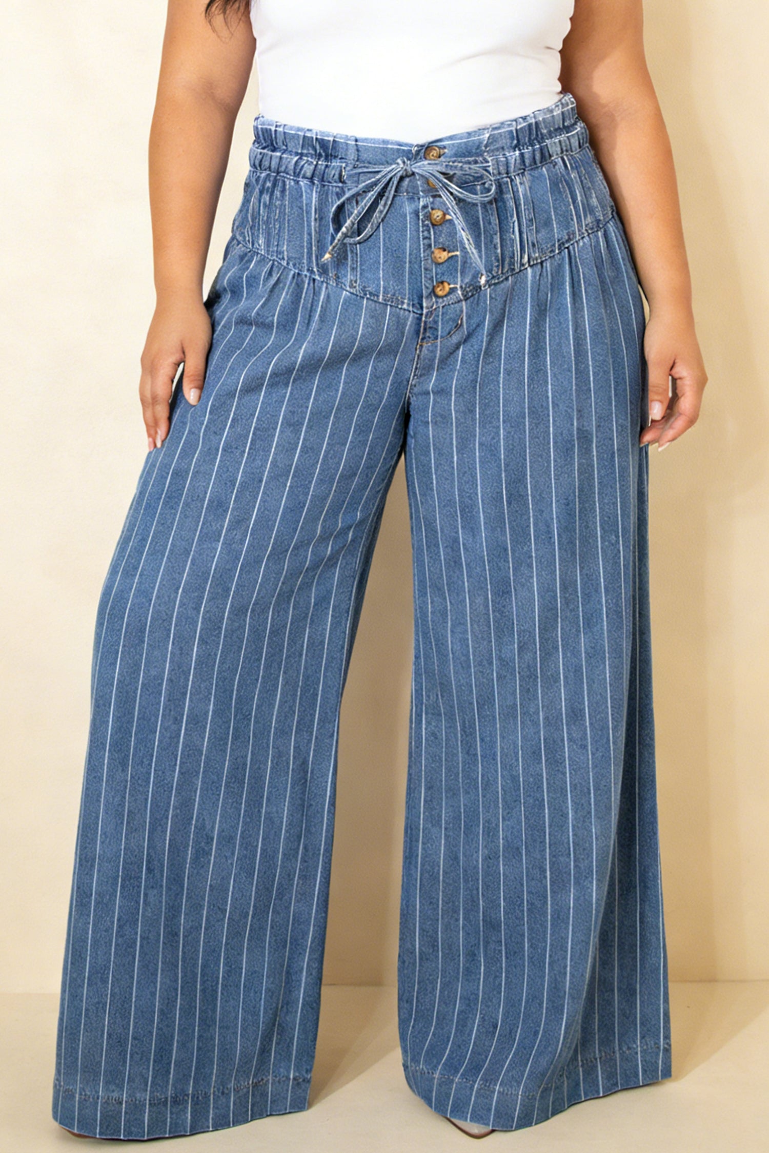 Sky Blue Stripe Plus Size Buttoned Wide Leg Denim Pants