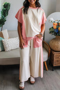 White Two-tone Color Block Patchwork Tee Pant Set