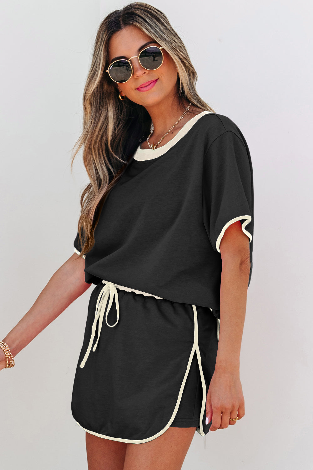 Colorblock Drop Shoulder T Shirt and Skort Set