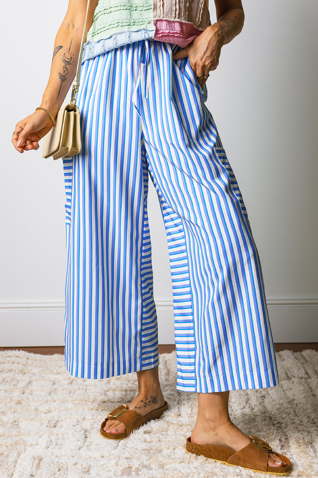 Sky Blue Stripe Drawstring Patch Pocket Pants