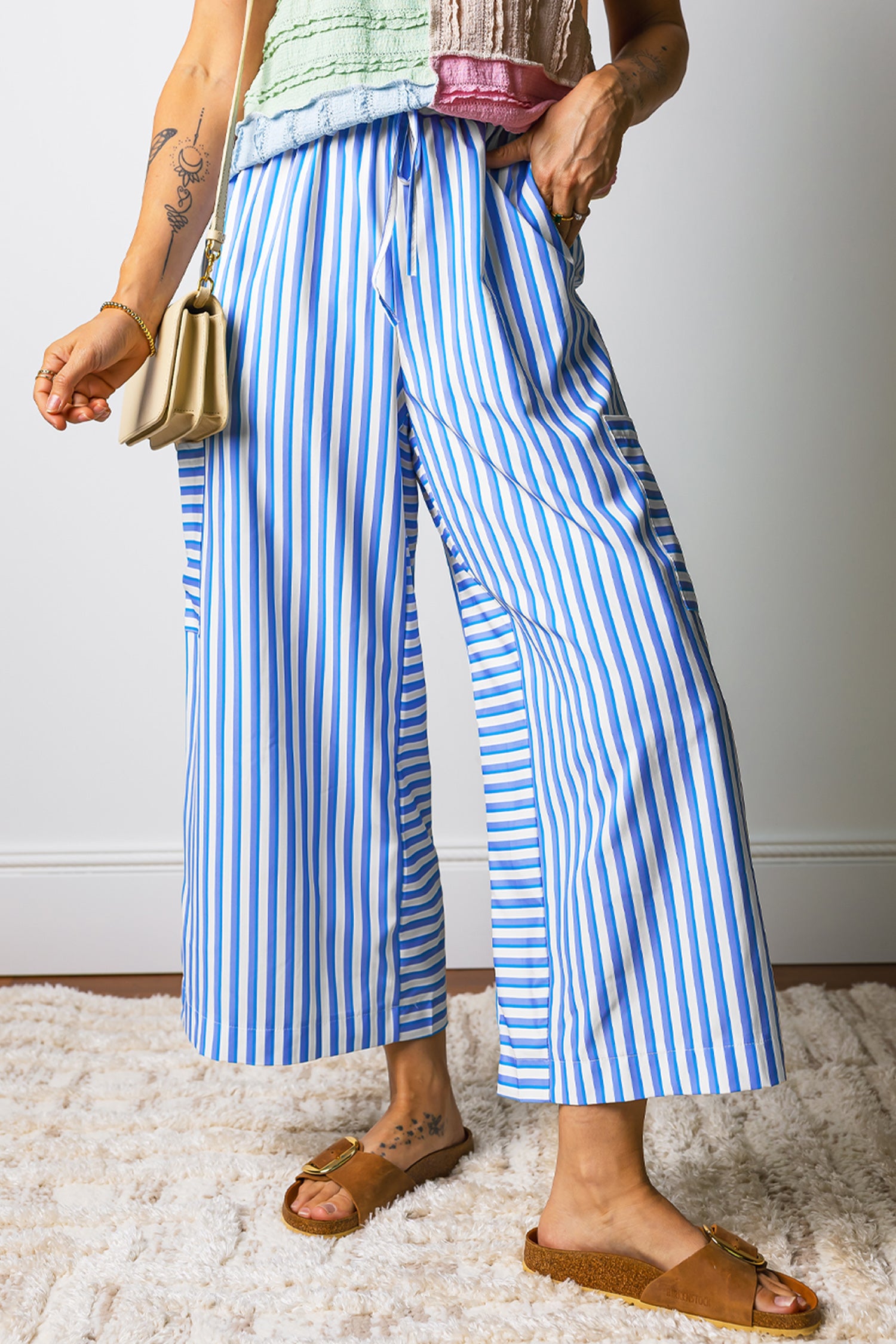 Sky Blue Stripe Drawstring Patch Pocket Pants