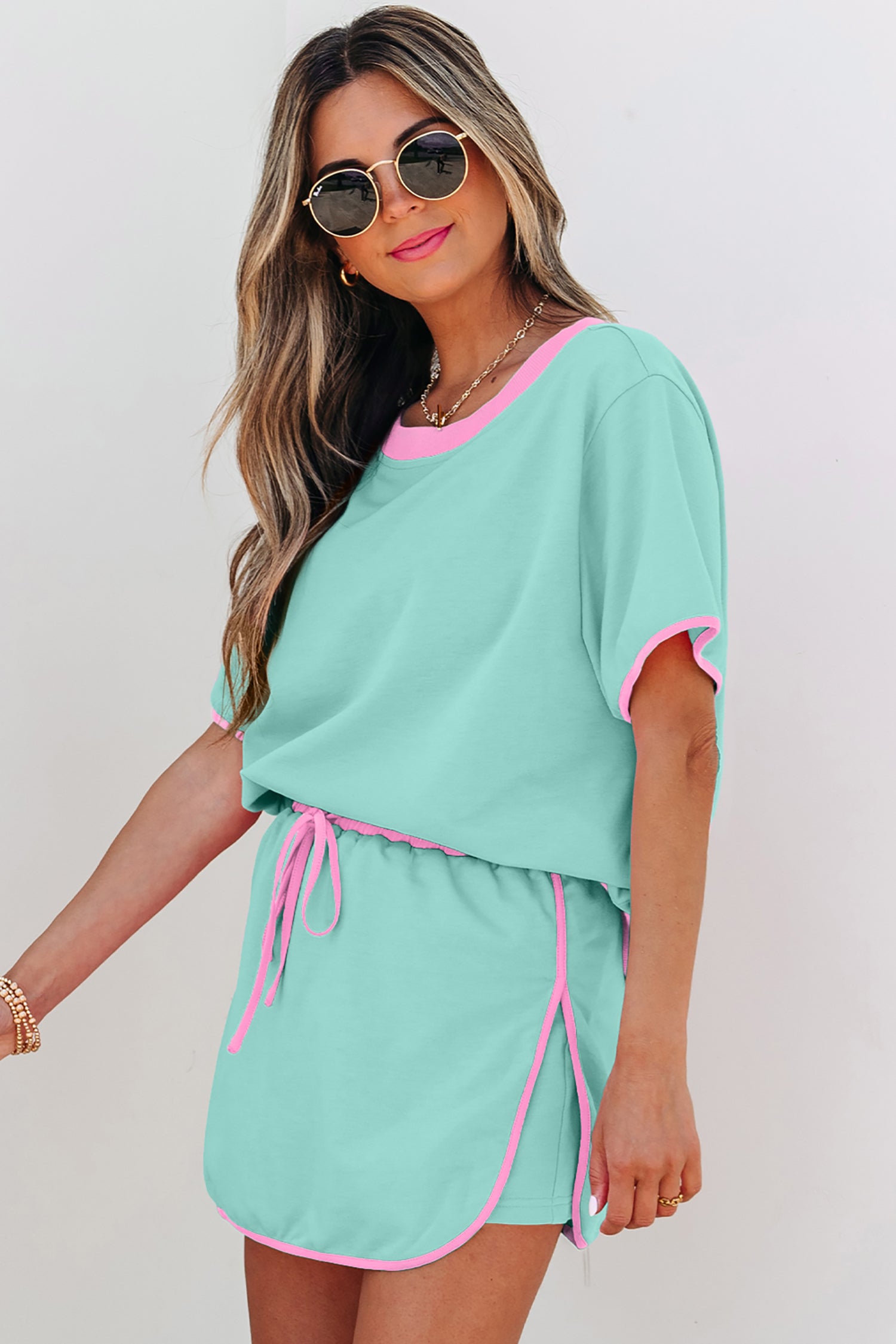 Colorblock Drop Shoulder T Shirt and Skort Set