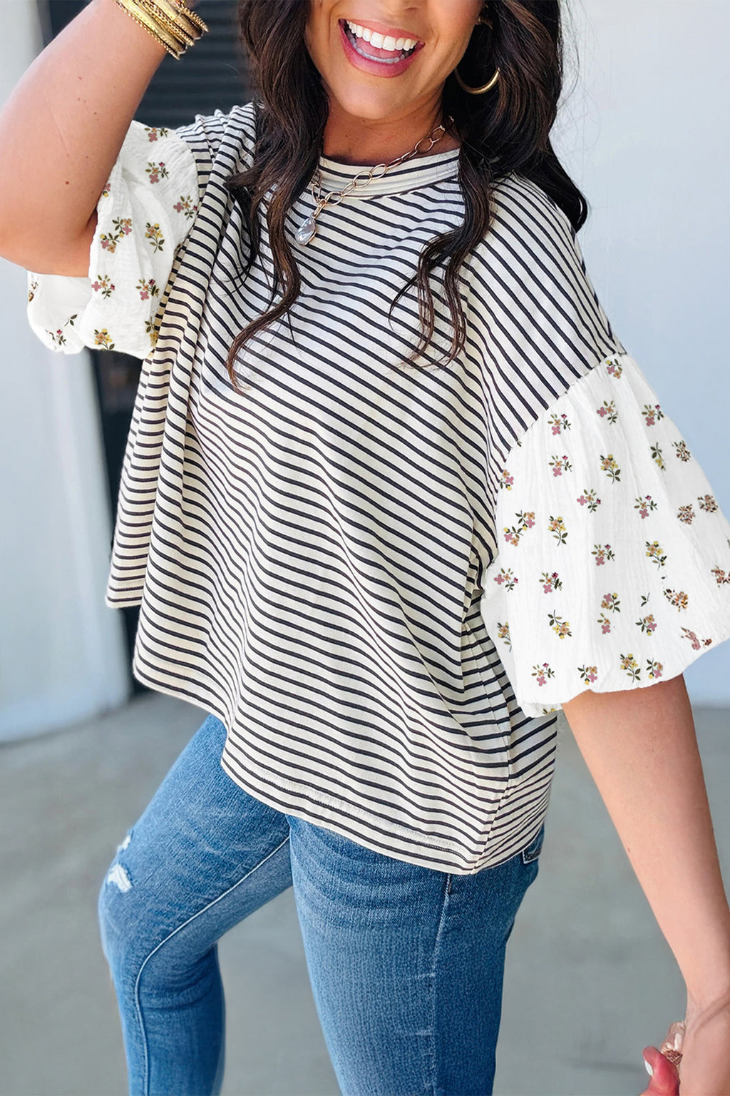 Red Stripe Floral Puff Sleeve Patchwork Round Neck Top