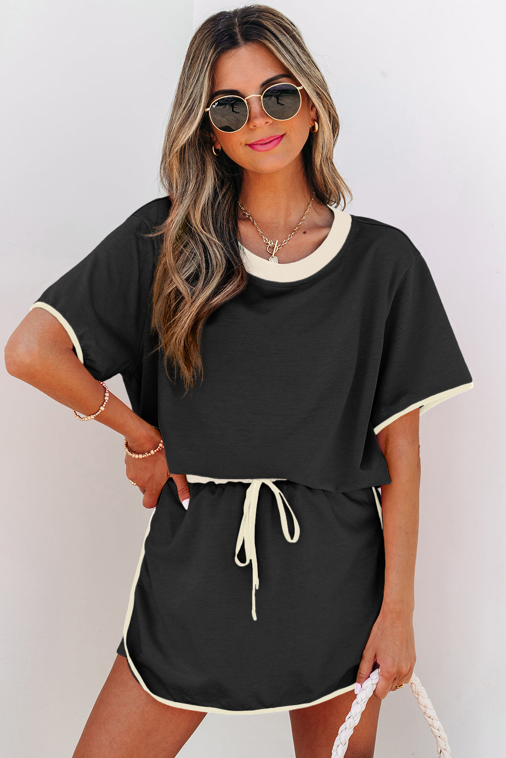 Colorblock Drop Shoulder T Shirt and Skort Set