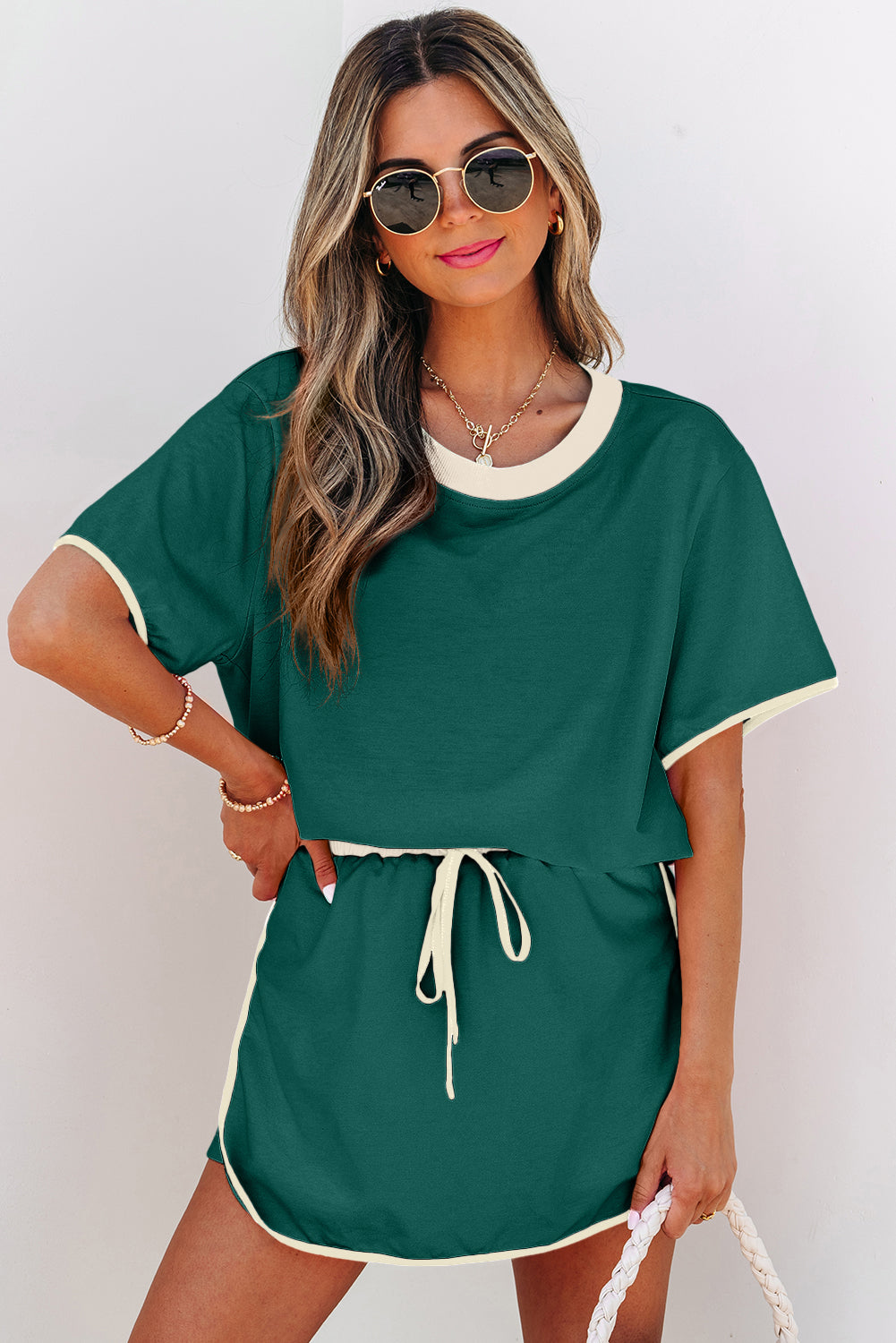 Colorblock Drop Shoulder T Shirt and Skort Set