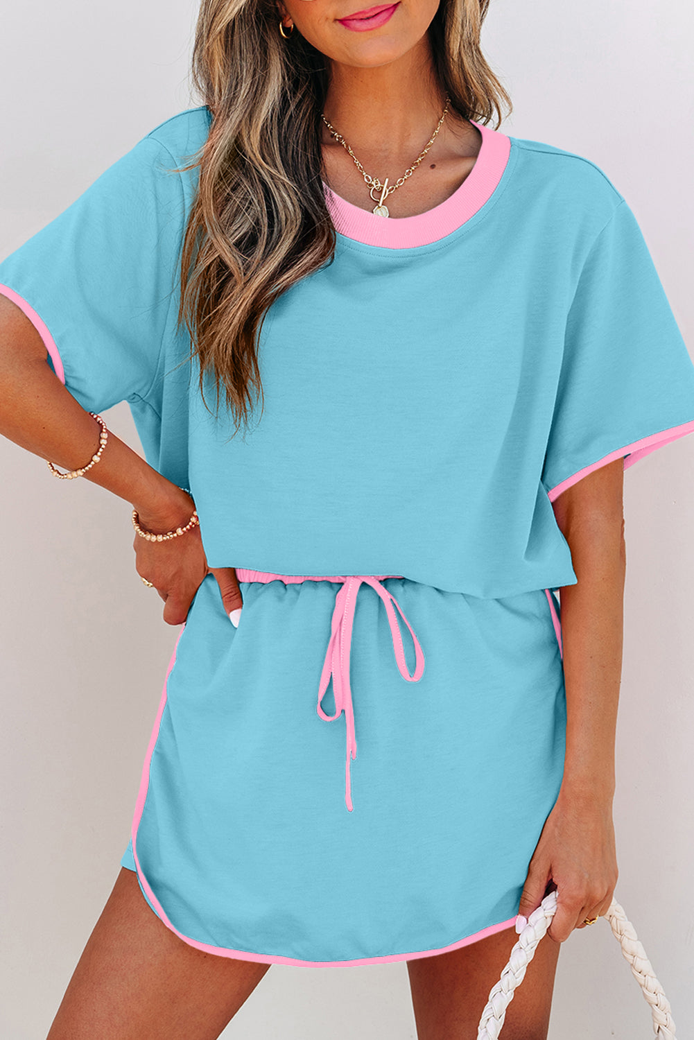 Colorblock Drop Shoulder T Shirt and Skort Set